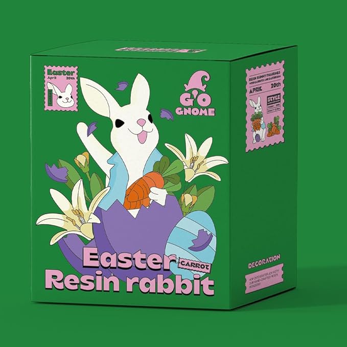 GoGnome Easter Bunny Figurines Set of 2 - Hand-Painted Resin Rabbit Decorations with Carrots and Easter Egg (White)