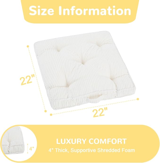 Meditation Floor Cushion Set of 2, 22x22 Tufted Floor Pillow for Adults, Square Large Meditation Cushion Pillow, Corduroy Sitting Pillow with Handle, Yoga Seating for Tatami, Beige