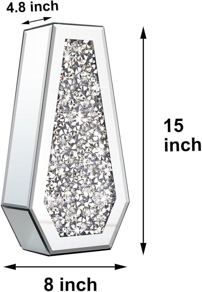 ALLARTONLY Flower Vase Crushed Diamond Mirrored Vase Crystal Silver Glass Decorative Mirror Vase Large Size Luxury For Home Decor. Diamond Shape Thickened. Can’t Hold Water.