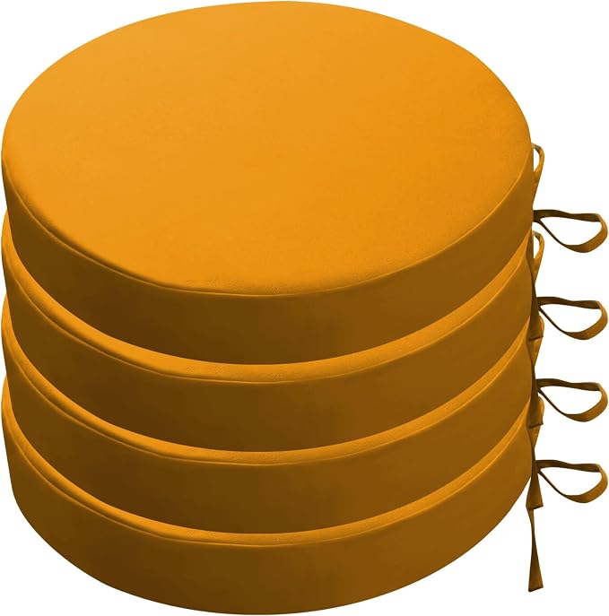 SK Studio Round Outdoor Chair Cushions for Patio Furniture, Set of 4 Waterproof Patio Chair Cushion with Adjustable Ties for Garden Sofa Couch, Yellow, 22"x22"x3"