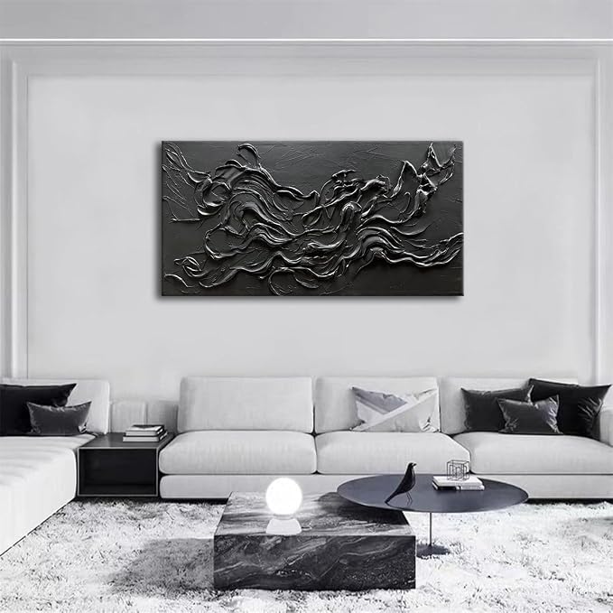 zoinart Hand Painted Large Black Wall Art 30"x60" Thick Texture Minimalist Oil Paintings Contemporary Art Oil on Canvas Abstract Textured Wall Art Pure Black Wall Art