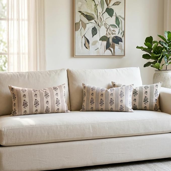 Amor Virisso Floral Throw Pillow Covers 12 x 20 Set of 2 Block Print Pillow Covers Neutral Floral Striped Farmhouse Decorative Pillow Covers for Sofa Couch Bed, Brown