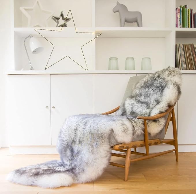 HUAHOO Premium Genuine Sheepskin Rug White Grey Real Australia Sheepskin Natural Luxury Fluffy Lambskin Fur Area Rug Seat Covers for Kids Bedroom Sofa Chair Cover Double Pelt/2' x 6' Wolf Tip