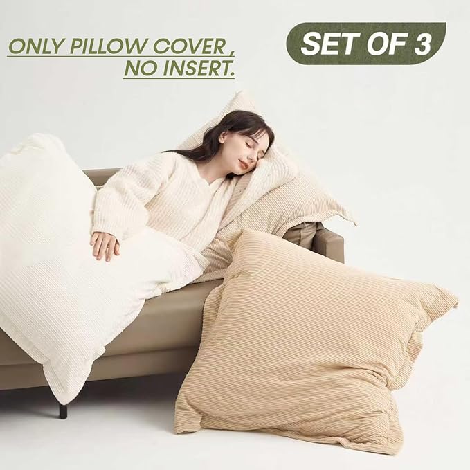 COCO TOP Set of 3 Oversized Throw Pillow Cover 26x26inch,Super Soft Striped Corduroy Neutral Earth Tones Pillow Cases for Bedroom,Living Room, Sofa Lounges,Girl Room（Camel, Beige & Pure White）