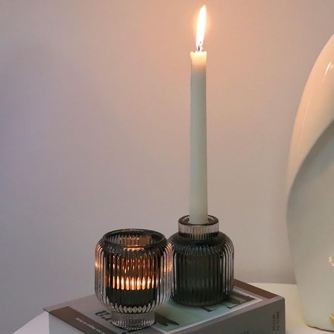 Woho Grey Ribbed Votive Candle Holders Set of 4, Vintage Tea Lights Candle Holder for Daily Home Decor, Glass Tealight Candle Holder for Halloween/Thanksgiving Decor(Grey, 3.5'' Tall 3.1'' Diameter)
