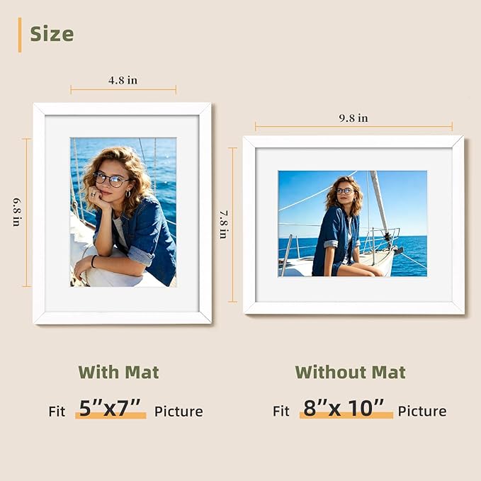HappyHapi 8x10 Picture Frames Set of 10, 5x7 with Mat or 8x10 Without Mat, Tabletop or Wall Display for Photos, Paintings, Posters, Artwork（White）