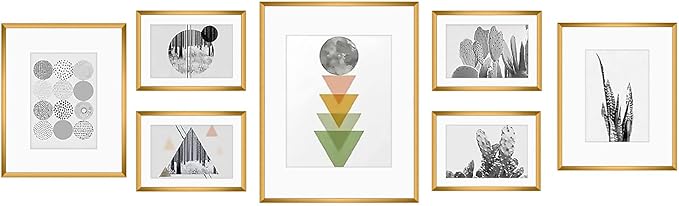 Golden State Art, Aluminum Gallery Wall Frame Set of 7 - Includes One 11x14, Two 8x10, and Four 5x7 - Metal Frames with Mat & Real Glass Cover for Elegant Home or Office Decor (Style 2, Bronze)