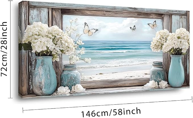 Ggaafet Beach Window Wall Art for Living Room Canvas Painting Prints Romance Flower Floral Art Deco Romantic Artwork Office Bedroom Family Room Decor Extra Large