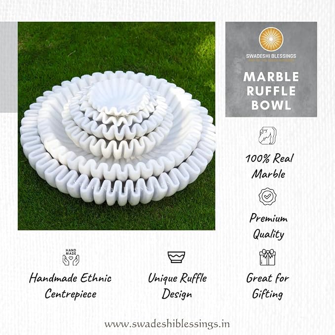 SWADESHI BLESSINGS HandCrafted Marble Ruffle Bowl/Antique Scallop Bowl/Fruit Bowl/Vintage Ring Dish/Decorative Flower Dish/HouseWarming Gift/Wedding Gifts/Urli (9 Inches)