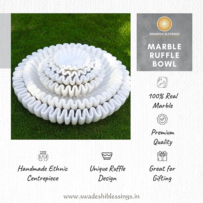 SWADESHI BLESSINGS HandCrafted Marble Ruffle Bowl/Antique Scallop Bowl/Fruit Bowl/Vintage Ring Dish/Decorative Flower Dish/HouseWarming Gift/Wedding Gifts/Urli (12 Inches)