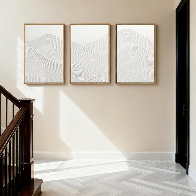 Anyzal Large White Textured Framed Wall Art 16x24 Inch Neutral Abstract Modern Canvas Wall Decor Gray Minimalist Ocean Waves Artwork for Living Room Bedroom Office Set of 3