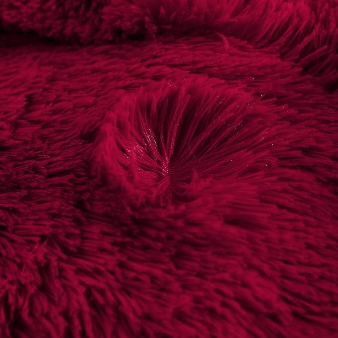 Faux Fur Velvet Fluffy Bedding Duvet Cover Set Down Comforter Quilt Cover with Pillow Sham, Ultra Soft Warm (Burgundy, Twin)