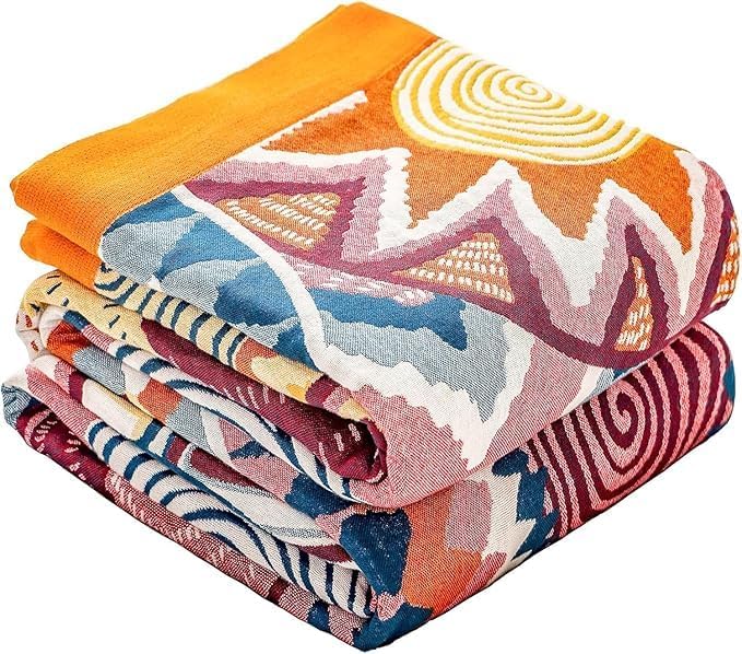 90"x108" Extra Large 4-Layer Gauze Summer Quilt for King Size Bed,100% Cotton Muslin Blankets for Adults,Reversible Boho Throw Blanket for Couch Bed Sofa Home Decor with Embroider Sun
