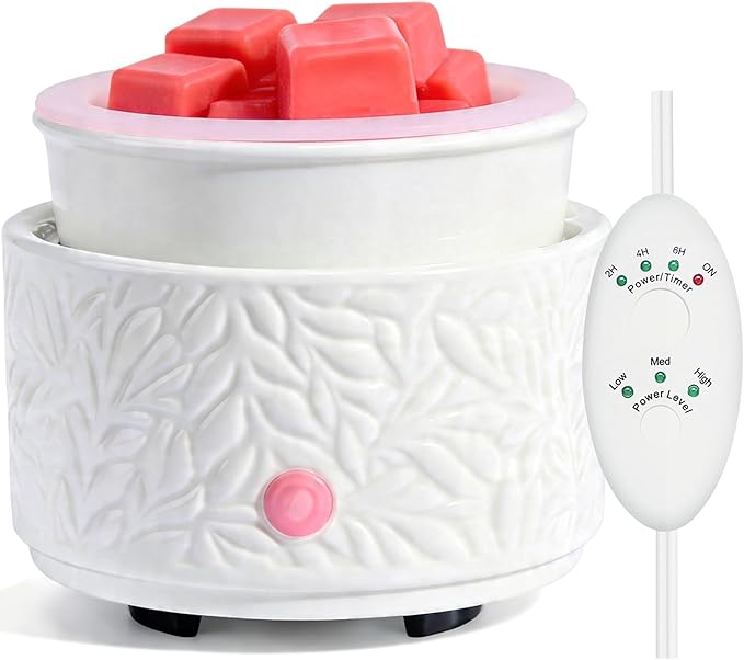 Electric Wax Melt Warmer with Timer & Silicone Liner, 3-in-1 Ceramic Scented Wax Burner for Home Aromatherapy, Fast Melting Fragrance Warmer for Essential Oils & Wax Cups, Flame for Women