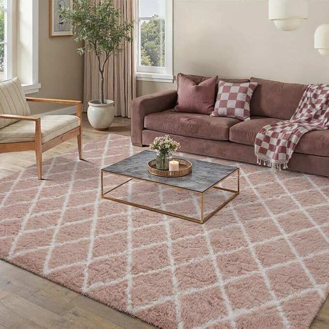 PureCozy 5x7 Checkered Rug for Living Room Pink and White Modern Soft Area Rug Fluffy Non-Slip Carpet for Bedroom Playroom Home Aesthetic Decor