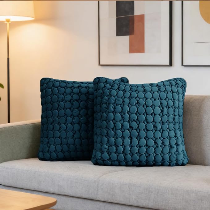 Throw Pillow Covers 18x18 Set of 2 Velvet Square Pillowcase Soft Skin-Friendly Thickened Decorative Farmhouse Cushion Covers Soft Bubble Texture for Couch Sofa Bedroom Living Room,Blue