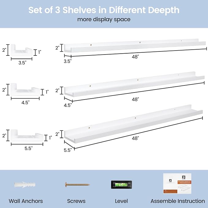 Picture Ledge Shelf for Wall, 48 inches Solid Pine Wood Nursery Book Shelves 3 Pack, Floating Ledge Shelves for Kids' Room, Bedroom, Bathroom Long Floating Shelves for Wall, White
