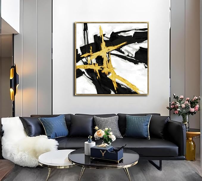 Sofoney Gold Framed Abstract Wall Art, Black & Gold, 30"x30" | Hand Painted Texture, Gold Foil, Modern Brushstroke Canvas, For Living Room Bedroom Office