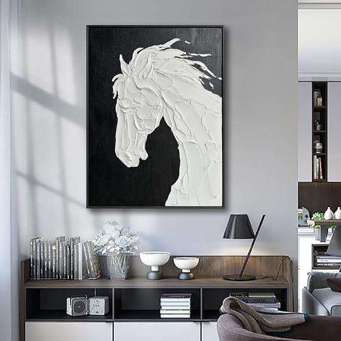 Sofoney - Black Framed Black and White Textured Wall Art Hand Painted 3D Plaster White Horse Oil Painting Modern Minimalist Canvas Wall Decor for Living Room Bedroom - 24"x32"