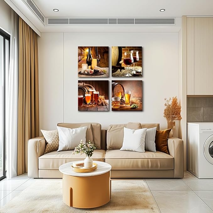 Wall Art for Dining Room Kitchen wall decor Restoring ancient ways Still life Wine glass Wine barrel Canvas Prints Bar Home Decoration 12x12 inch/4 piece restaurant posters decor Artwork Home decor