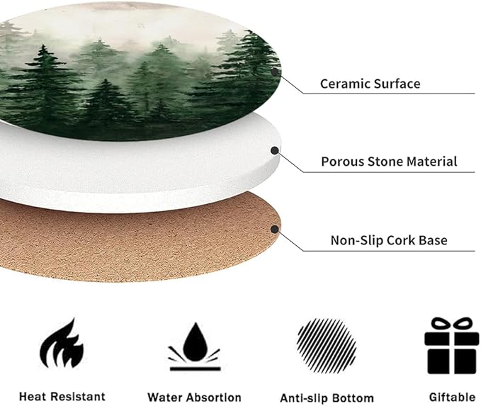 Drink Coasters for Drinks Set of 6, Watercolor Landscape Pine Forest Absorbent Round Ceramic Stone Mat Coaster, with Cork Base and Metal Holder, Home Bar Decor House Warming Gift