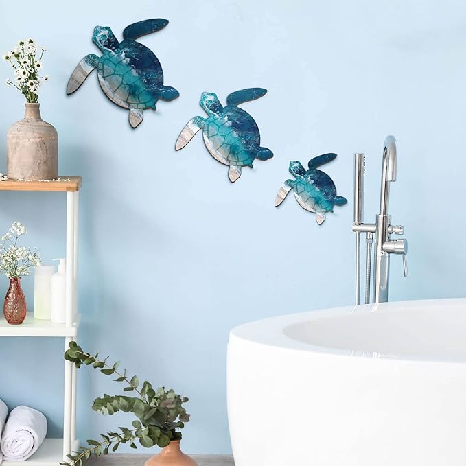 Bucherry 3 Sizes Wooden Sea Turtle Wall Decor Turtle Wall Art Beach Theme Art Decorations Vintage Coastal Ornaments for Pool Home Lake House Bathroom Garden Indoor Outdoor(Dark Blue)