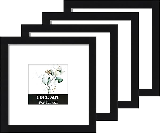 CORE ART 8x8 Picture Frame Set of 4, Display Pictures 4x4 with Mat or 8 x 8 without Mat, Multi Photo Frames Collage for Wall or Tabletop Display, Black