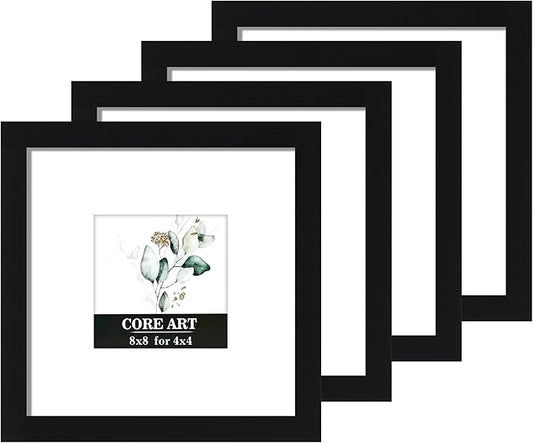 CORE ART 8x8 Picture Frame Set of 4, Display Pictures 4x4 with Mat or 8 x 8 without Mat, Multi Photo Frames Collage for Wall or Tabletop Display, Black