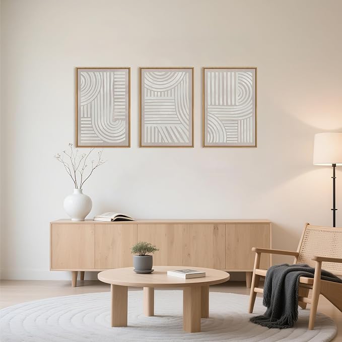 Large Abstract Neutral Geometric Framed Canvas Wall Art,Boho Minimalist Shapes Wall Decor,Modern Lines Artwork,Mid Century Arch Art Print for Living Room,Bedroom,Office- 24"x36"x3
