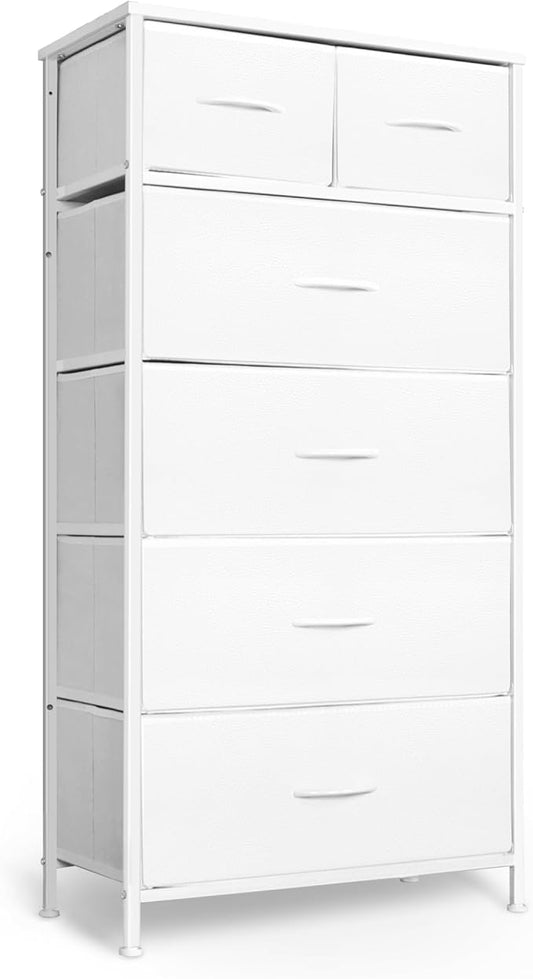 Mifuro Tall Dresser for Bedroom, Vertical Storage Organizer Tower with 6 Drawers, Chest of Drawers with Fabric Bins, Steel Frame, Wood Top for Bedroom, Closet, Entryway- White