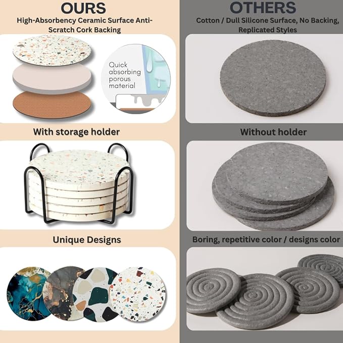 Terrazzo Coasters Set of 6, Ceramic Absorbent Drink Coasters, Cute Moisture Absorbing Coaster, Coffee Table Desk Decor, Colorful Stone Coaster for Drinks (Sage)