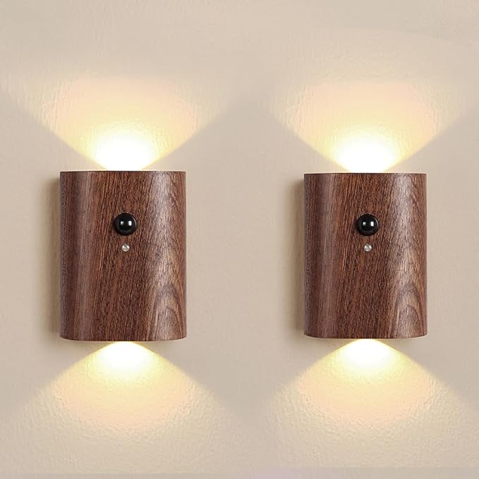 LANDGOO 2-Pack Wood Step Light with Motion Sensor, Rechargeable Stair Night Light Set, Sapele Wood 2700K Warm White LED Wall Lamps, Easy No-Wire Installation for Hallway Bedroom Staircase