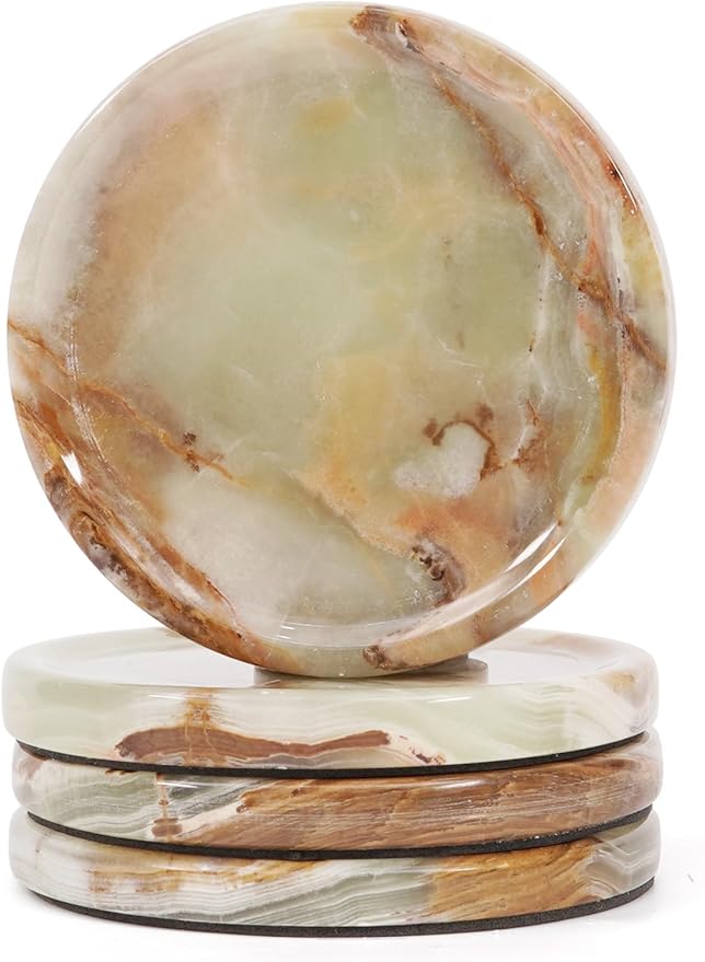 Marble Coasters Set of 4 for Drinks Green Onyx Handmade 4 Inches Stone Drink Coaster for Bar Accessories, Dining Table, Office Desk, Home Decor & Ideal for Gift