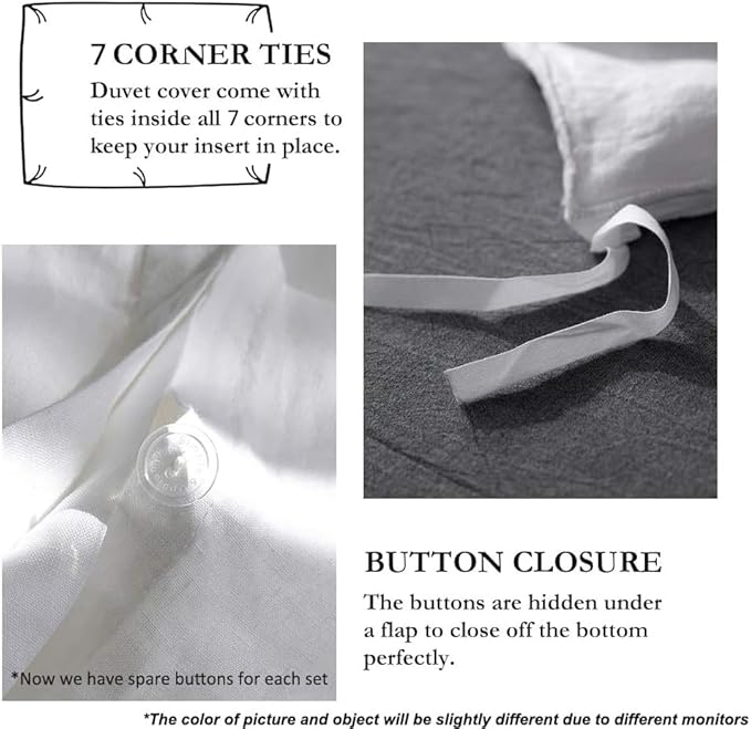 Simple&Opulence 100% French Flax Linen Duvet Cover Set with Embroidery Washed - 3 Pieces (1 Duvet Cover with 2 Pillow Shams) with Button Closure Soft Breathable Farmhouse - White, King Size