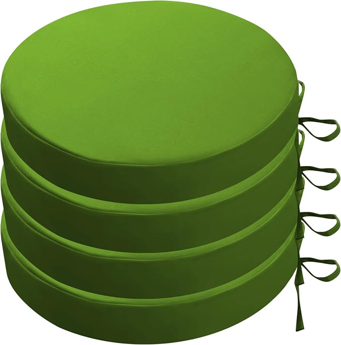 SK Studio Round Outdoor Chair Cushions for Patio Furniture, Set of 4 Waterproof Patio Chair Cushion with Adjustable Ties for Garden Sofa Couch, Green, 16"x16"x2"