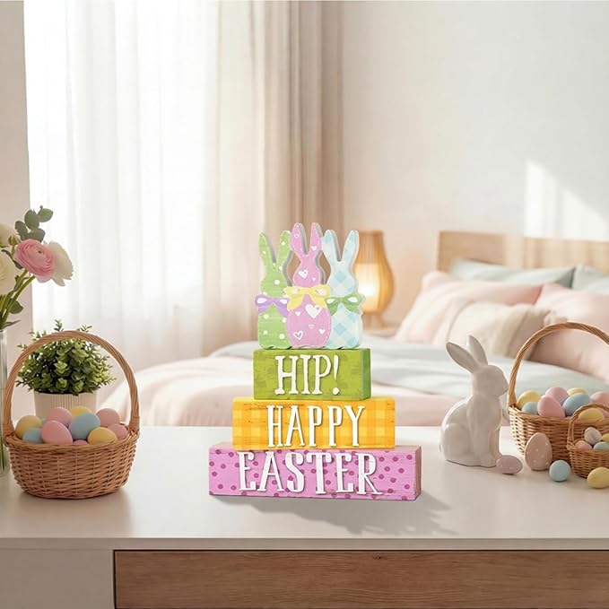 Smile Wooden Easter Decoration Sign, "Hip! Happy Easter" Wooden Block Stack with Bunny Silhouettes, Pastel Tiered Tabletop Decor for Spring & Easter