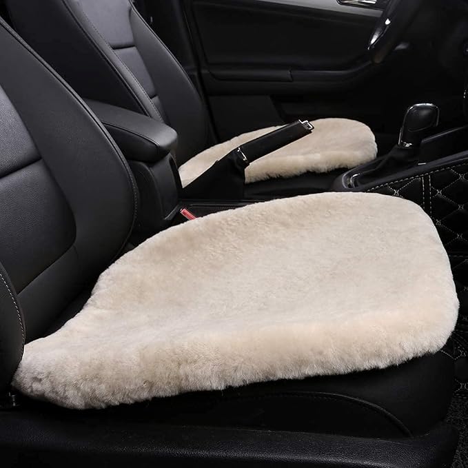 OGLAND Fuzzy Genuine Sheepskin Car Seat Cover for Auto Fluffy Interior Accessories Cushion with Soft Wool Natural Fur Non-Slip (Pearl, Front20*20Inch)