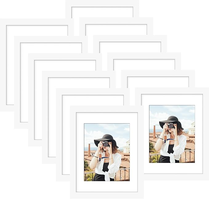 Picrit 8.5x11 Picture Frame Set of 12, Display 6x8 with Mat or 8.5 x 11 without Mat, Photo Frames for Wall Mounting or Table Top Display, White