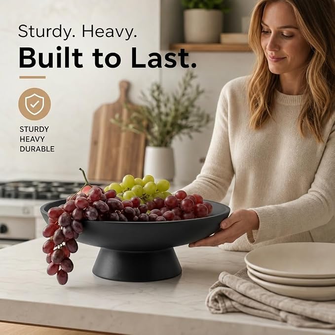 12" Concrete Fruit bowl for Kitchen Counter, Coffee Table Decor, Decorative Key Bowl, Home Décor Accents, Kitchen Counter Decor Black