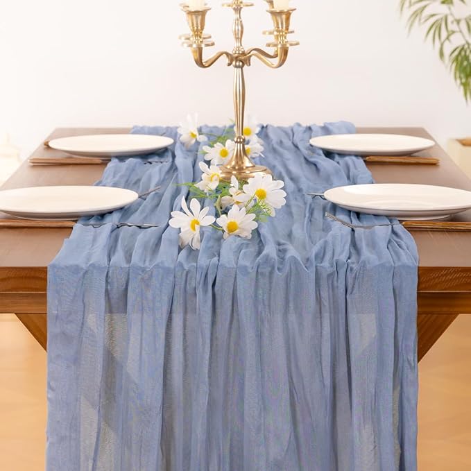Socomi 3pcs Dusty Blue Easter Spring Cheesecloth Table Runner Boho Rustic Gauze 120 inch 10FT Cheese Cloth Runner for Wedding Party Baby Shower Birthday Home Decor Holiday Decorations