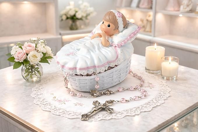 Precious Moments Baptized In His Name Resin Box with Rosary – Keepsake Baptism Gift for Baby Girl – Hand-Painted Religious Figurine, 153406