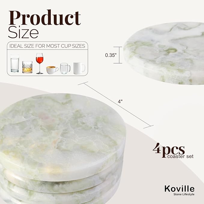 Koville Marble Coaster Set of 4, Round White Coasters, 4" Cup Coasters for Drinks, Heat Resistant Coaster for Coffee Table Home Office Bar Decor(Bianco Palomino)