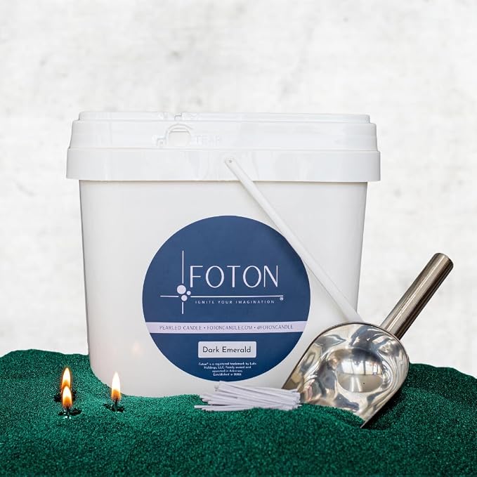 Foton Pearled Colored Candle 9lb Bucket - Emerald Green Unscented Natural Non Toxic Long Lasting Powder Pearl Wax Sand Candles - Refillable Foton Pearled Candle Sand with 100 Wicks
