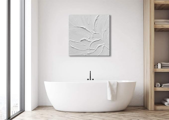 zoinart Hand Painted White Canvas Wall Art, 20x20 Inches Abstract Thick Textured Painting, Plaster Wall Art