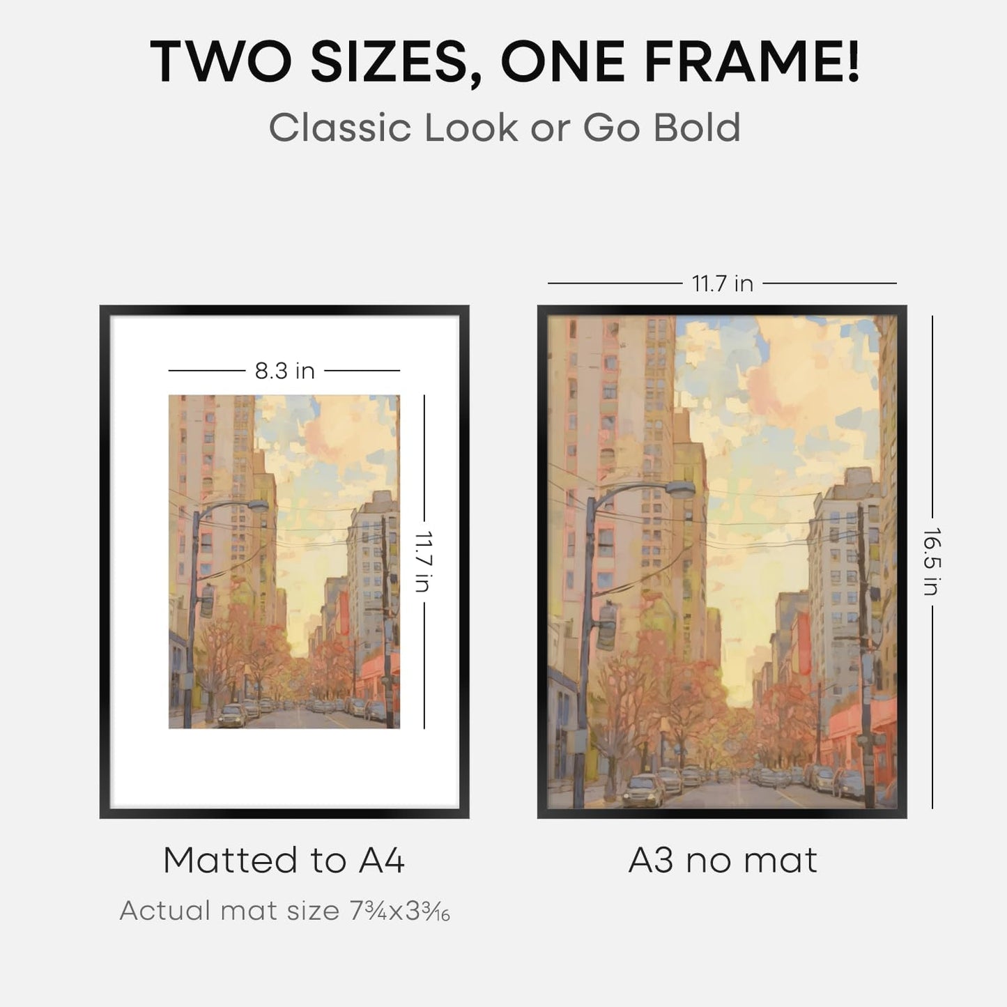 Homeforia A3 Picture Frame Black, High End Metal 11.7 x 16.5 inch Poster Frames with Mat 8.3 x 11.7 for Photo, A3 Size Frames Matted to A4 Print, 11.7x16.5 Wall Hanging Frame, Tempered Glass, Set of 1