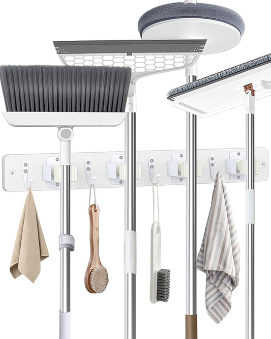 AceMining Broom Holder Wall Mounted, White 4 Holders and 4 Hooks Mop Holder, Wooden Mop and Broom Holder with Anti slip rubber, Natural pine wood Brush Holder, Mop Wall Holde with Nail installation