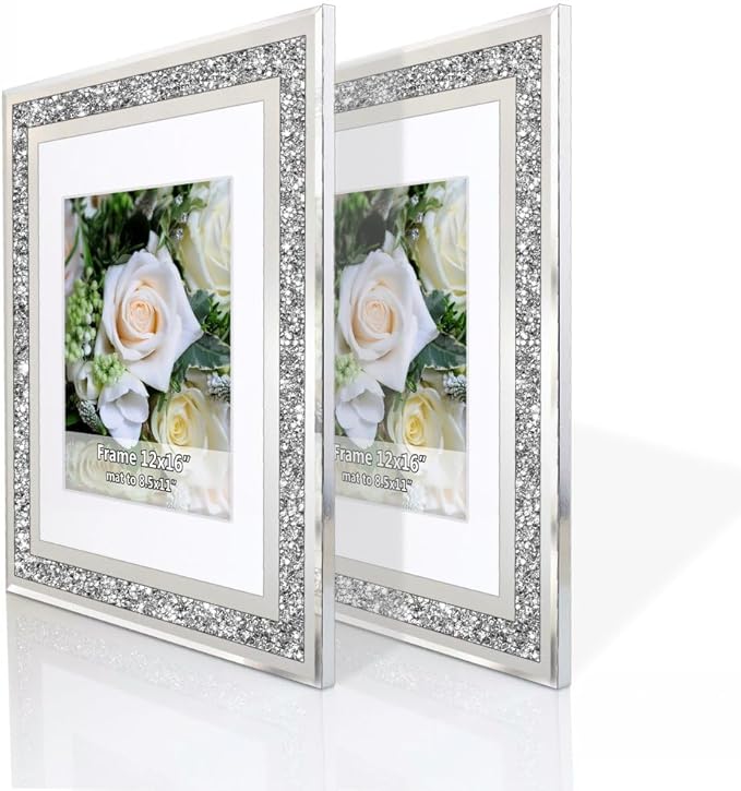 ALLartonly Mirror Photo Frame 12x16inch Mat To 8.5x11” 2 Pack, Crushed Diamond Bling Boarder, Crystal Glass Front , Wedding Picture Poster Frame, Diploma Frames Wall Certificate Document Frame.