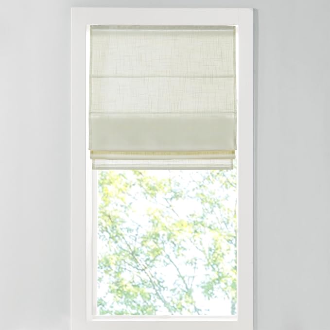 Madison Park Kyler Cordless Roman Shades - Single Panel, Lightweight Linen Blend Fabric, Natural Design, Easy Installation, Light Filtering Window Blind, Bedroom, Living Room Decor 31"W x 64"L Ivory