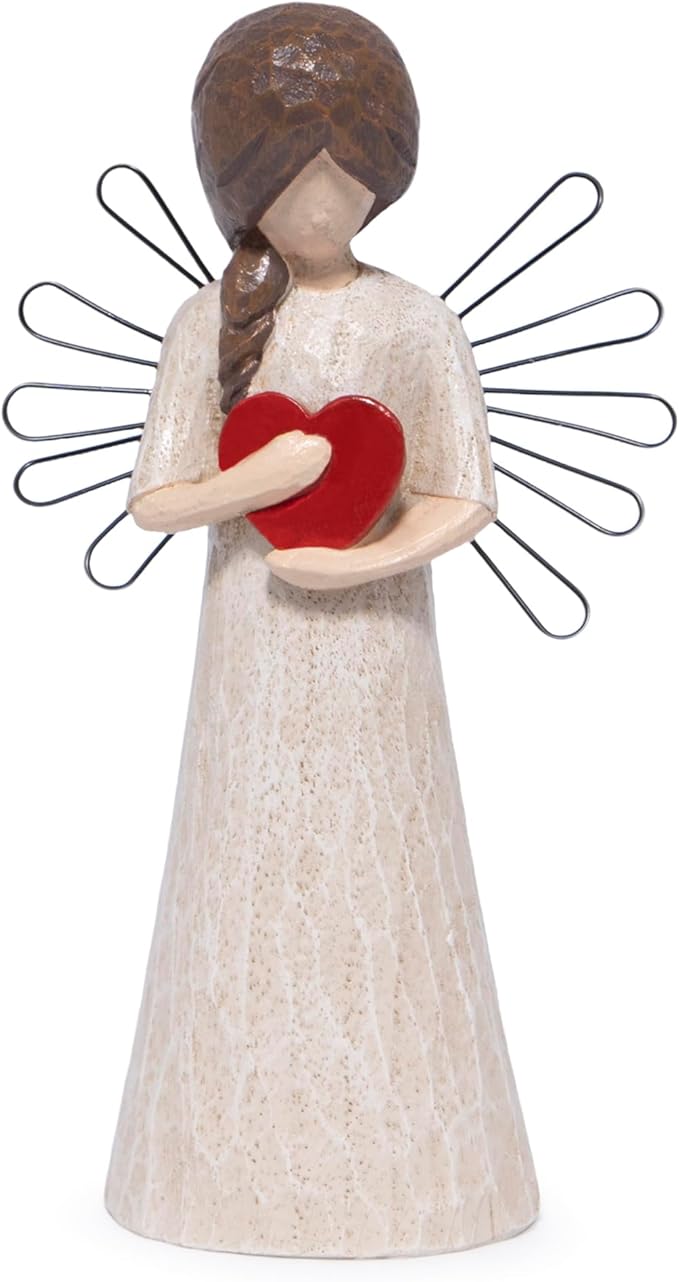 Hodao Angel Figurine with Red Heart, 5.1" Resin Wood-Carved Look with Metal Wire Wings, Hand-Painted Indoor Home Decorations, Spiritual Holiday Decor Ornaments, Gift-Ready Box