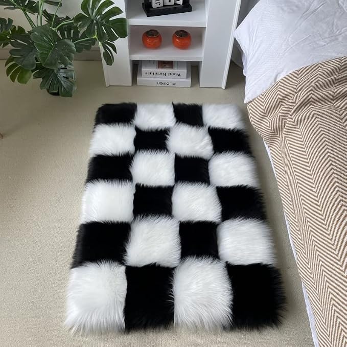 Faux Fur Black and White Checkered Rug, 2x3 Ft | Fluffy, Ultra Soft Shaggy Plush, For Bedroom Living Room Bedside Nursery Kids Room